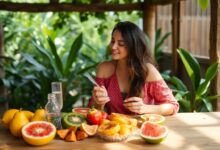 Pessoa praticando alimentação intuitiva, saboreando frutas frescas em um ambiente tranquilo e natural