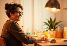 Uma pessoa sorrindo enquanto organiza seus produtos de limpeza em uma prateleira bem iluminada, com um calendário semanal ao fundo