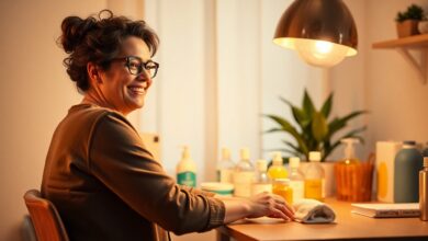 Uma pessoa sorrindo enquanto organiza seus produtos de limpeza em uma prateleira bem iluminada, com um calendário semanal ao fundo