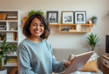 Uma pessoa organizando sua casa de forma eficiente e minimalista, com um sorriso no rosto