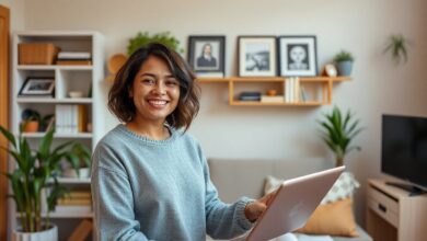 Uma pessoa organizando sua casa de forma eficiente e minimalista, com um sorriso no rosto