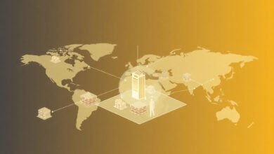 Ilustração conceitual de uma arquitetura de nuvem híbrida, conectando servidores locais a uma rede de nuvem global.