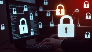 Pessoa digitando em um computador cercado por símbolos digitais, ilustrando a segurança proporcionada pela criptografia pós-quântica