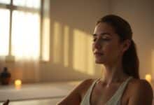 Pessoa de olhos fechados, sentada em posição de meditação em um ambiente calmo com iluminação suave.