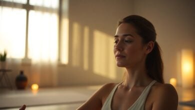 Pessoa de olhos fechados, sentada em posição de meditação em um ambiente calmo com iluminação suave.