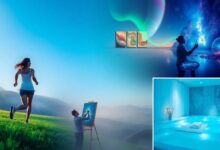 Uma colagem de imagens vibrantes mostrando diversas atividades de lazer: uma pessoa caminhando em uma trilha, um museu, alguém pintando e uma cena relaxante de spa em casa.