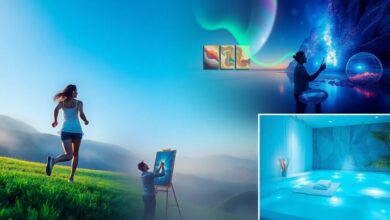 Uma colagem de imagens vibrantes mostrando diversas atividades de lazer: uma pessoa caminhando em uma trilha, um museu, alguém pintando e uma cena relaxante de spa em casa.