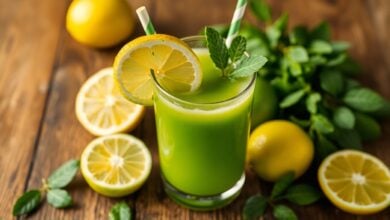 Copo de suco detox verde com ingredientes frescos como couve, limão e gengibre ao redor