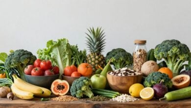 Uma abundância de frutas, vegetais frescos, grãos e legumes dispostos em uma mesa vibrante, transmitindo saúde e sustentabilidade