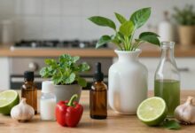 Vaso com plantas e ingredientes naturais como limão, alho e pimenta em uma cozinha iluminada, simbolizando a produção de inseticida natural