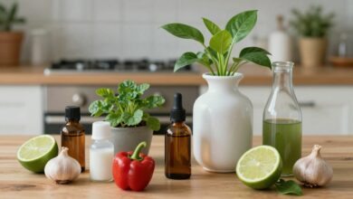 Vaso com plantas e ingredientes naturais como limão, alho e pimenta em uma cozinha iluminada, simbolizando a produção de inseticida natural