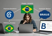 Representação conceitual de blockchain integrando empresas brasileiras de tecnologia e finanças