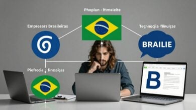 Representação conceitual de blockchain integrando empresas brasileiras de tecnologia e finanças