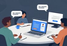 Ilustração de um chatbot virtual conversando com pessoas em diferentes dispositivos