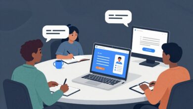 Ilustração de um chatbot virtual conversando com pessoas em diferentes dispositivos