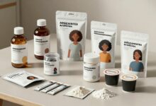 Diferentes tipos de adoçantes artificiais em embalagens e em pó sobre uma mesa