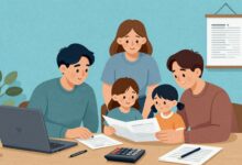 Capa ilustrativa mostrando uma família planejando o orçamento doméstico em uma mesa, com calculadora e planilhas