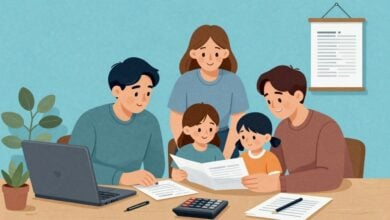 Capa ilustrativa mostrando uma família planejando o orçamento doméstico em uma mesa, com calculadora e planilhas