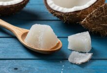 Coco sendo colhido e açúcar de coco granulado exposto em uma colher de madeira
