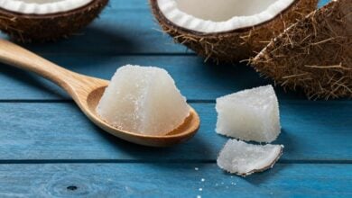 Coco sendo colhido e açúcar de coco granulado exposto em uma colher de madeira