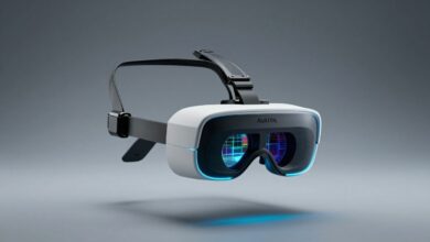 Cena futurista de hologramas em 3D flutuando em um ambiente escuro com luzes azuis