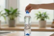 Pessoa enchendo uma garrafa de água colorida em uma cozinha iluminada, com plantas ao fundo, transmitindo bem-estar e rotina saudável