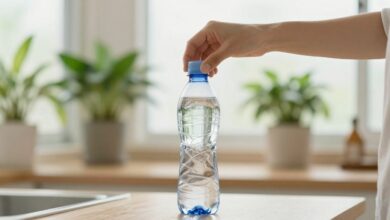 Pessoa enchendo uma garrafa de água colorida em uma cozinha iluminada, com plantas ao fundo, transmitindo bem-estar e rotina saudável