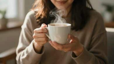 Pessoa apreciando uma xícara de café ao raiar do dia em um ambiente acolhedor