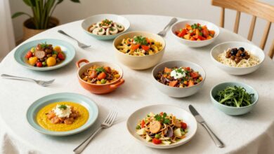 Mesa com ingredientes coloridos e saudáveis sendo preparados para pratos diversos