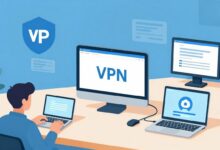 Capa ilustrativa mostrando diversos dispositivos conectados a uma rede protegida por VPN
