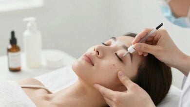 Pessoa aplicando cuidados suaves na pele para tratar espinhas, com um ambiente branco e produtos dermatológicos delicados