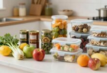 Alimentos variados sendo conservados, como frutas, legumes frescos, potes de vidro com conservas, sacos de congelamento e recipientes herméticos, dispostos em uma cozinha iluminada e organizada.