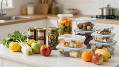 Alimentos variados sendo conservados, como frutas, legumes frescos, potes de vidro com conservas, sacos de congelamento e recipientes herméticos, dispostos em uma cozinha iluminada e organizada.