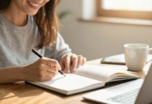 Uma pessoa sorrindo, começando o dia com um caderno de anotações, uma xícara de café e luz suave de manhã