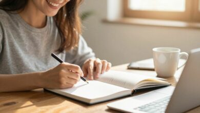 Uma pessoa sorrindo, começando o dia com um caderno de anotações, uma xícara de café e luz suave de manhã