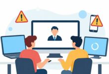 Ilustração de uma armadilha digital sendo ativada por um usuário de internet desavisado, com elementos de computadores, smartphones e símbolos de alerta