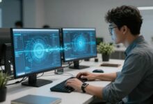 Capa relacionada à tecnologia de processamento de linguagem natural — computadores analisando e interpretando textos humanos