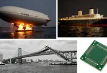 Uma colagem de imagens representando falhas tecnológicas históricas, como o dirigível Hindenburg em chamas, a ponte de Tacoma Narrows oscilando e um chip de computador antigo.
