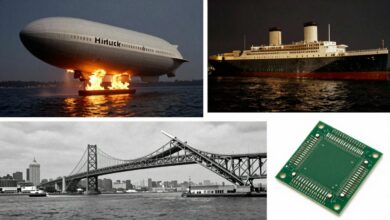 Uma colagem de imagens representando falhas tecnológicas históricas, como o dirigível Hindenburg em chamas, a ponte de Tacoma Narrows oscilando e um chip de computador antigo.