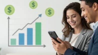 Uma pessoa sorrindo enquanto usa um smartphone para gerenciar suas finanças, com ícones de gráficos, moedas e um cofrinho flutuando ao redor da tela.