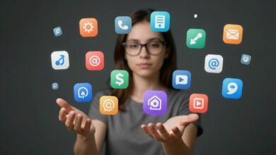 Uma pessoa interagindo com vários ícones de aplicativos de inteligência artificial que flutuam ao seu redor, simbolizando a integração da IA na vida cotidiana.