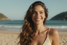 Uma mulher sorrindo na praia, com cabelos longos, saudáveis e brilhantes ao sol, representando a beleza do cabelo no verão.