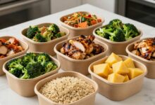 Uma composição colorida de várias marmitas saudáveis abertas, mostrando ingredientes frescos como frango grelhado, quinoa, brócolis e batata-doce, organizadas em uma bancada de cozinha.