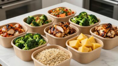 Uma composição colorida de várias marmitas saudáveis abertas, mostrando ingredientes frescos como frango grelhado, quinoa, brócolis e batata-doce, organizadas em uma bancada de cozinha.