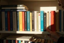 Uma pessoa sorrindo enquanto organiza uma prateleira cheia de livros coloridos, com a luz do sol entrando pela janela.