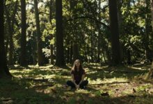 Uma pessoa sentada em uma clareira ensolarada na floresta, com raios de sol filtrando pelas árvores, transmitindo uma sensação de paz e bem-estar.