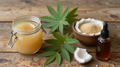 Uma variedade de adoçantes naturais como mel em um pote, folhas de stevia, açúcar de coco em uma tigela e xarope de bordo dispostos em uma mesa de madeira rústica com luz natural.