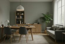 Uma sala de estar minimalista e organizada, com luz natural entrando pela janela, simbolizando a paz e a clareza do desapego material.