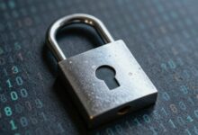 Um cadeado digital brilhante sobre um fundo de código binário, simbolizando a proteção de dados e a privacidade digital no mundo online.