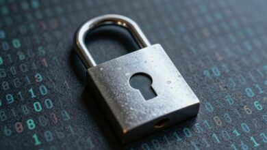 Um cadeado digital brilhante sobre um fundo de código binário, simbolizando a proteção de dados e a privacidade digital no mundo online.